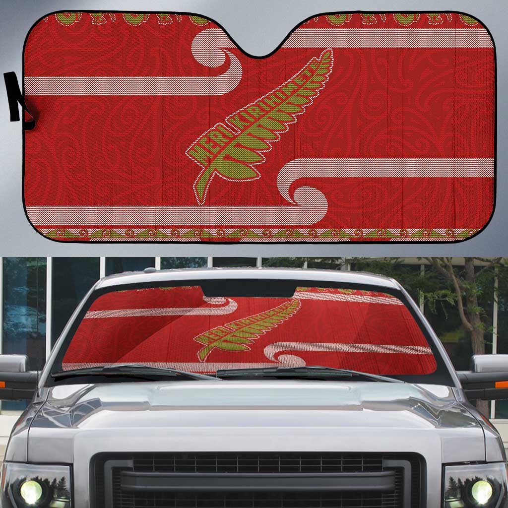 New Zealand Christmas Auto Sun Shade Meri Kirihimete Silver Fern Knit Style Green Color - Polynesian Pride