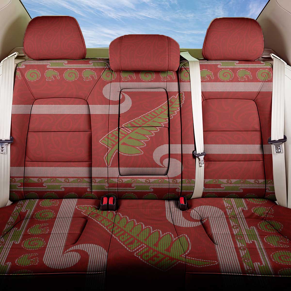 New Zealand Christmas Back Car Seat Cover Meri Kirihimete Silver Fern Knit Style Green Color LT03 One Size Green - Polynesian Pride