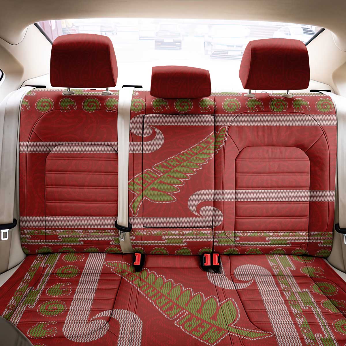 New Zealand Christmas Back Car Seat Cover Meri Kirihimete Silver Fern Knit Style Green Color LT03 - Polynesian Pride