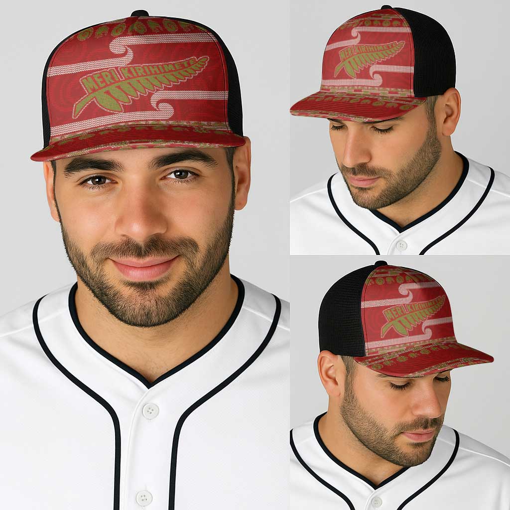 New Zealand Christmas Baseball Net Cap Meri Kirihimete Silver Fern Knit Style Green Color - Polynesian Pride