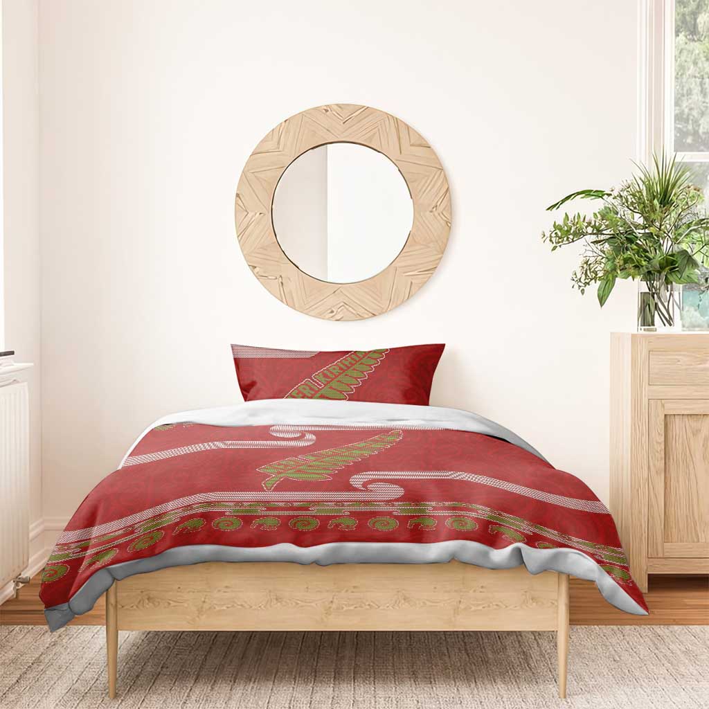 New Zealand Christmas Bedding Set Meri Kirihimete Silver Fern Knit Style Green Color - Polynesian Pride