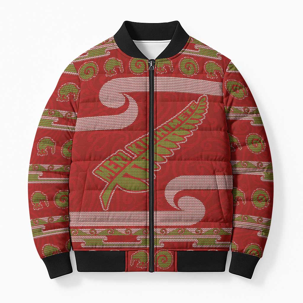 New Zealand Christmas Bomber Puffer Jacket Meri Kirihimete Silver Fern Knit Style Green Color - Polynesian Pride