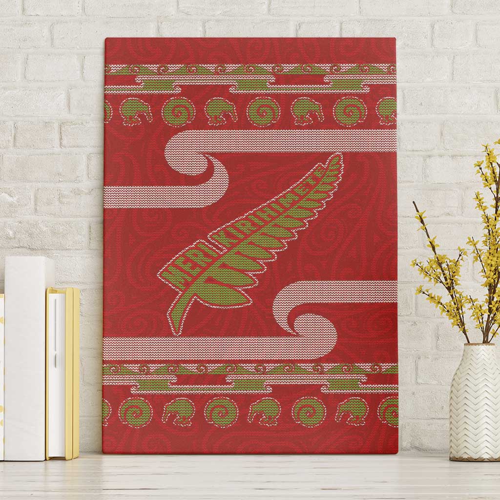 New Zealand Christmas Canvas Wall Art Meri Kirihimete Silver Fern Knit Style Green Color - Polynesian Pride