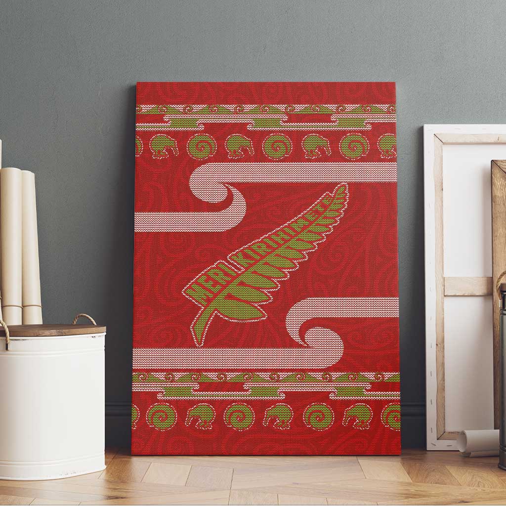 New Zealand Christmas Canvas Wall Art Meri Kirihimete Silver Fern Knit Style Green Color LT03 - Polynesian Pride