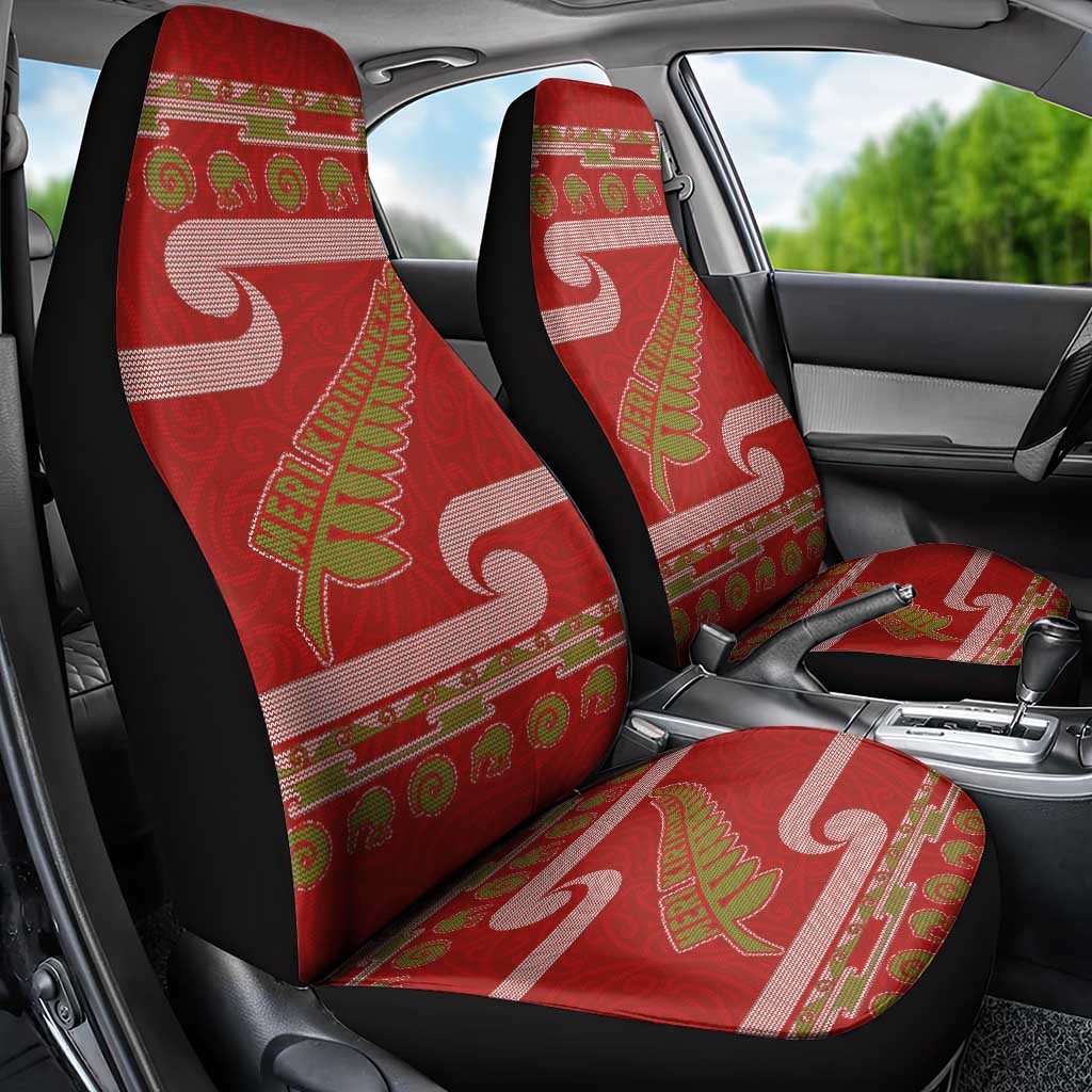 New Zealand Christmas Car Seat Cover Meri Kirihimete Silver Fern Knit Style Green Color LT03 - Polynesian Pride