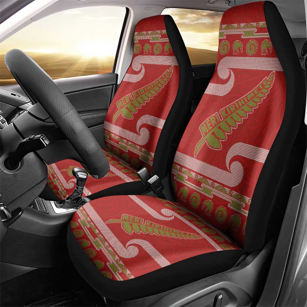 New Zealand Christmas Car Seat Cover Meri Kirihimete Silver Fern Knit Style Green Color LT03 - Polynesian Pride