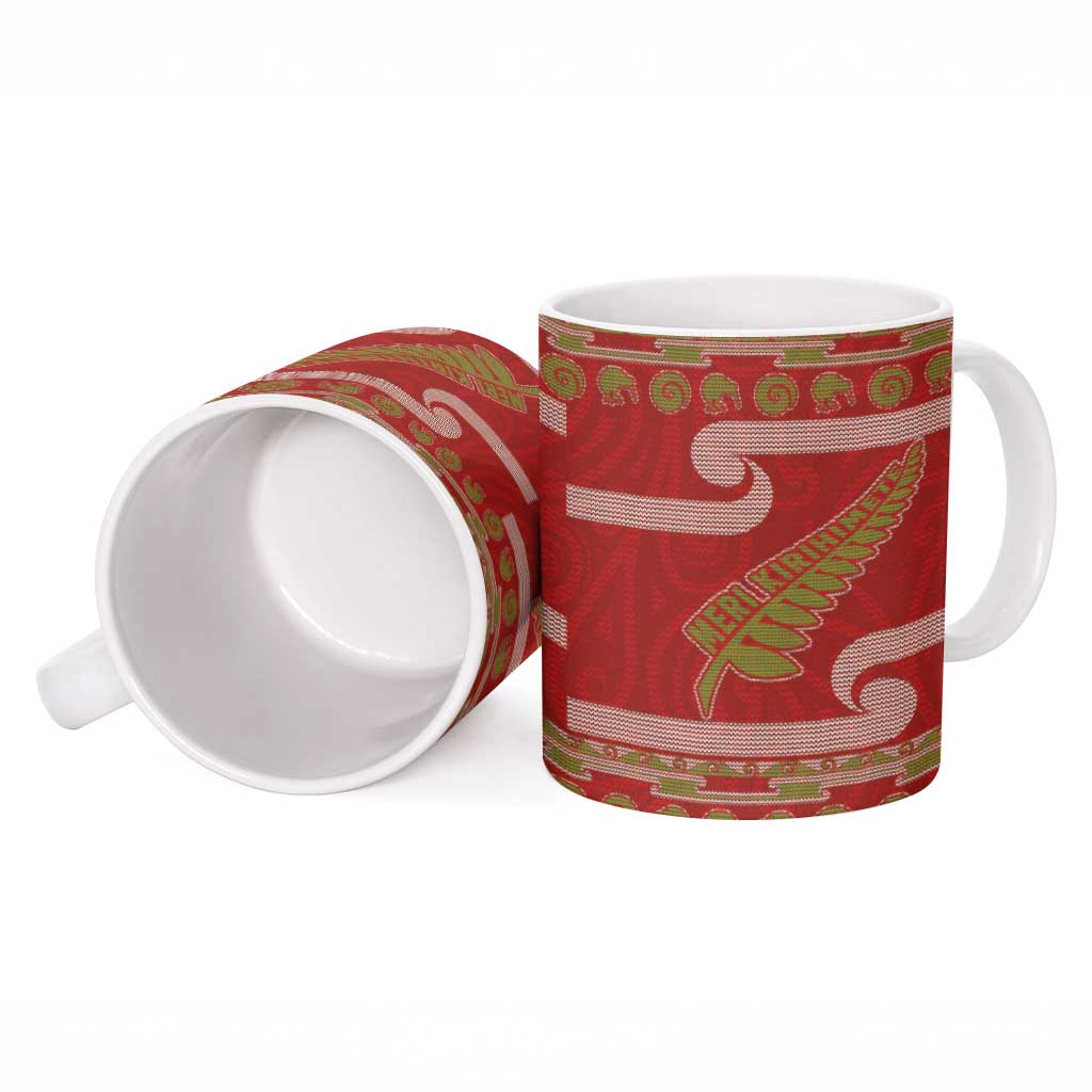 New Zealand Christmas Ceramic Mug Meri Kirihimete Silver Fern Knit Style Green Color - Polynesian Pride