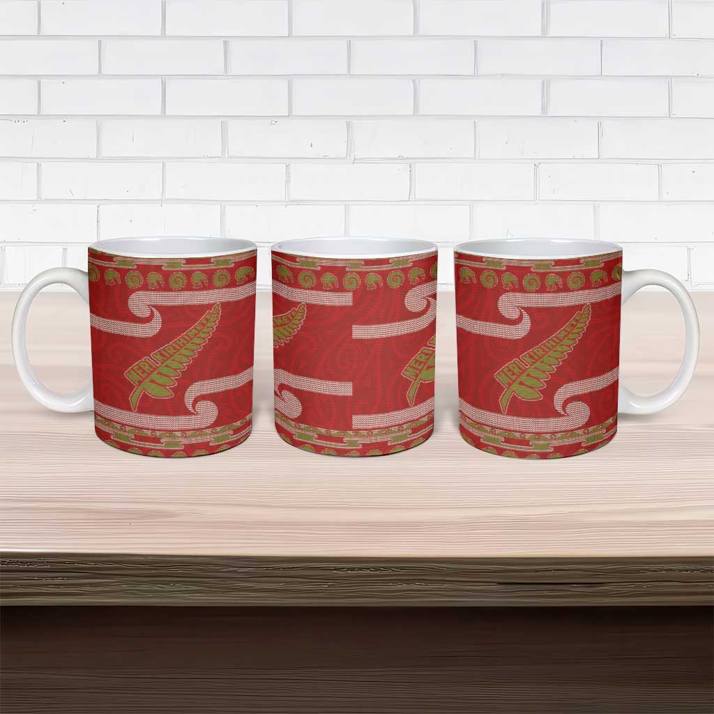 New Zealand Christmas Ceramic Mug Meri Kirihimete Silver Fern Knit Style Green Color - Polynesian Pride
