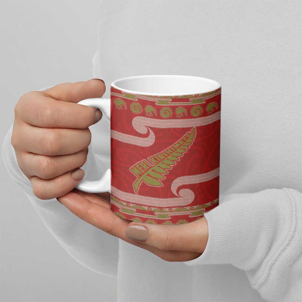 New Zealand Christmas Ceramic Mug Meri Kirihimete Silver Fern Knit Style Green Color - Polynesian Pride