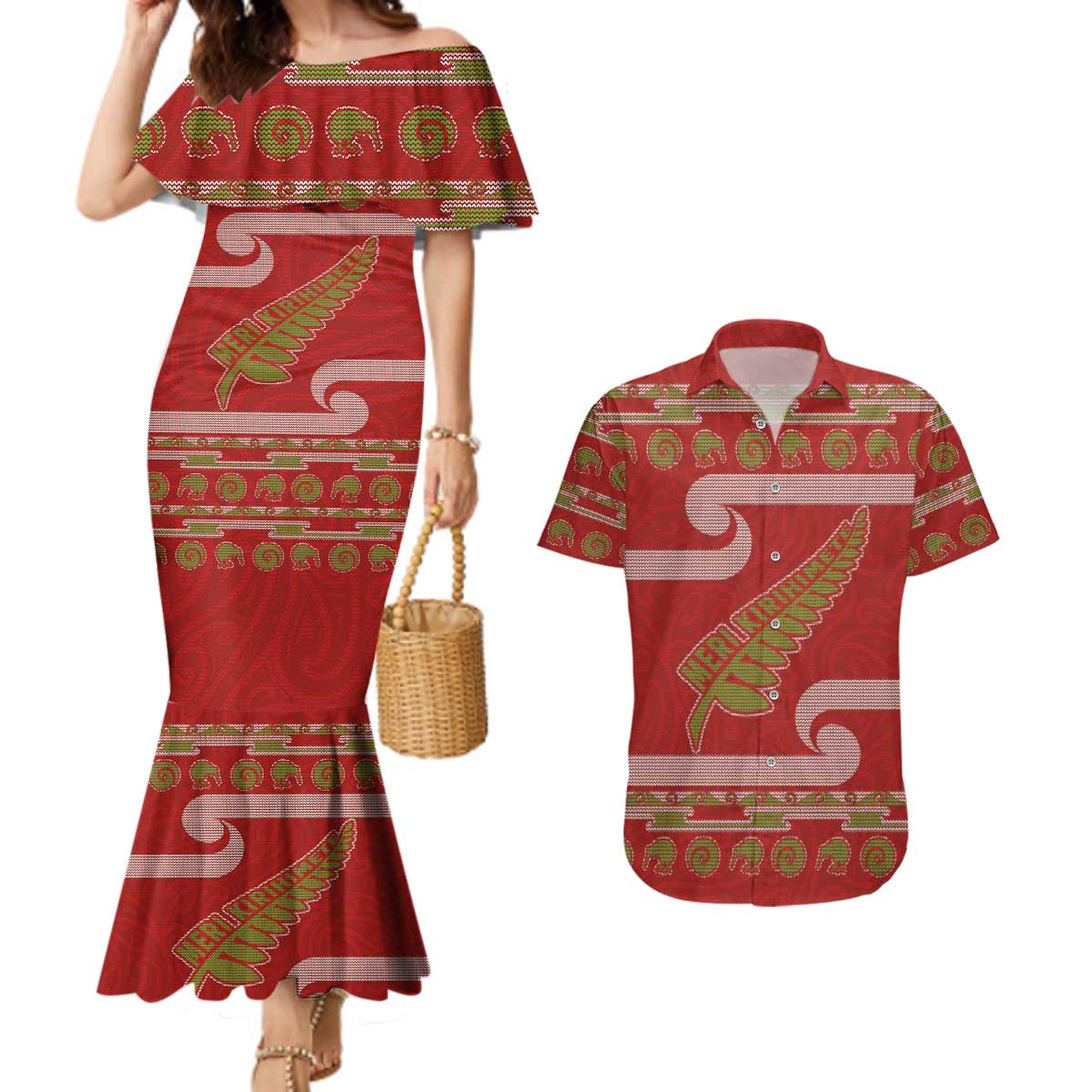 New Zealand Christmas Couples Matching Mermaid Dress and Hawaiian Shirt Meri Kirihimete Silver Fern Knit Style Green Color - Polynesian Pride
