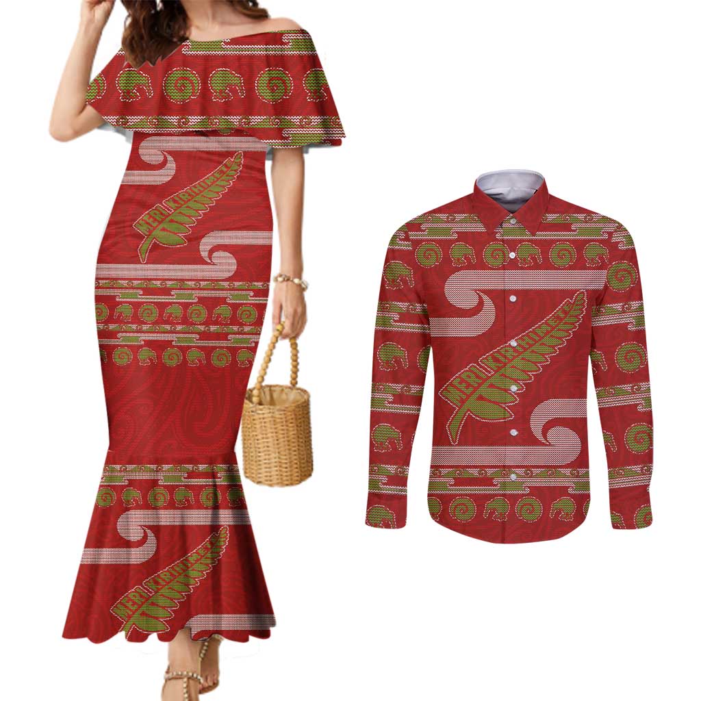 New Zealand Christmas Couples Matching Mermaid Dress and Long Sleeve Button Shirt Meri Kirihimete Silver Fern Knit Style Green Color - Polynesian Pride