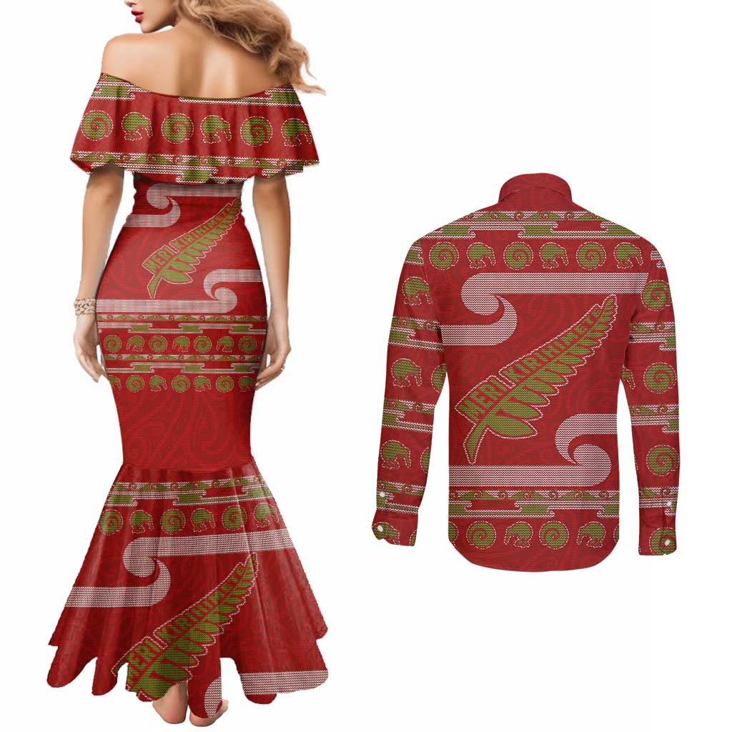 New Zealand Christmas Couples Matching Mermaid Dress and Long Sleeve Button Shirt Meri Kirihimete Silver Fern Knit Style Green Color - Polynesian Pride