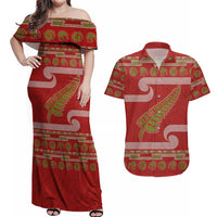 New Zealand Christmas Couples Matching Off Shoulder Maxi Dress and Hawaiian Shirt Meri Kirihimete Silver Fern Knit Style Green Color LT03 Green - Polynesian Pride