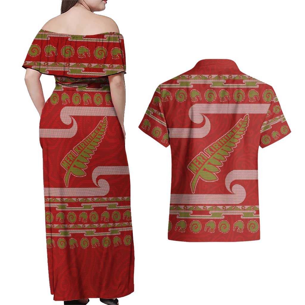 New Zealand Christmas Couples Matching Off Shoulder Maxi Dress and Hawaiian Shirt Meri Kirihimete Silver Fern Knit Style Green Color LT03 - Polynesian Pride