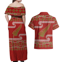 New Zealand Christmas Couples Matching Off Shoulder Maxi Dress and Hawaiian Shirt Meri Kirihimete Silver Fern Knit Style Green Color LT03 - Polynesian Pride