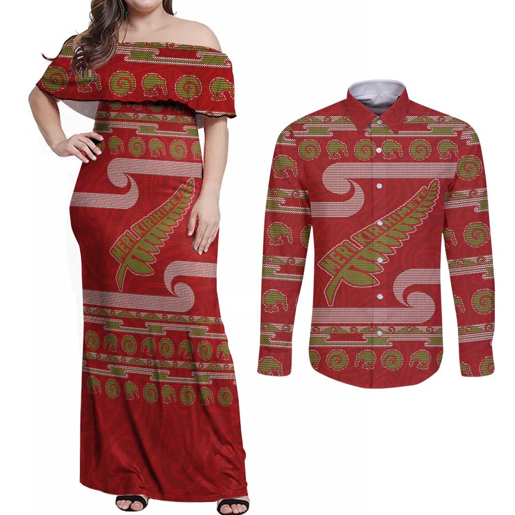 New Zealand Christmas Couples Matching Off Shoulder Maxi Dress and Long Sleeve Button Shirt Meri Kirihimete Silver Fern Knit Style Green Color - Polynesian Pride