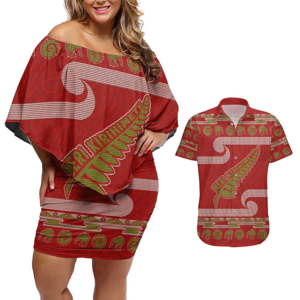 New Zealand Christmas Couples Matching Off Shoulder Short Dress and Hawaiian Shirt Meri Kirihimete Silver Fern Knit Style Green Color LT03 Green - Polynesian Pride