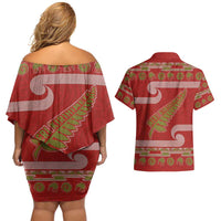 New Zealand Christmas Couples Matching Off Shoulder Short Dress and Hawaiian Shirt Meri Kirihimete Silver Fern Knit Style Green Color LT03 - Polynesian Pride