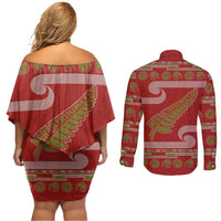 New Zealand Christmas Couples Matching Off Shoulder Short Dress and Long Sleeve Button Shirt Meri Kirihimete Silver Fern Knit Style Green Color - Polynesian Pride
