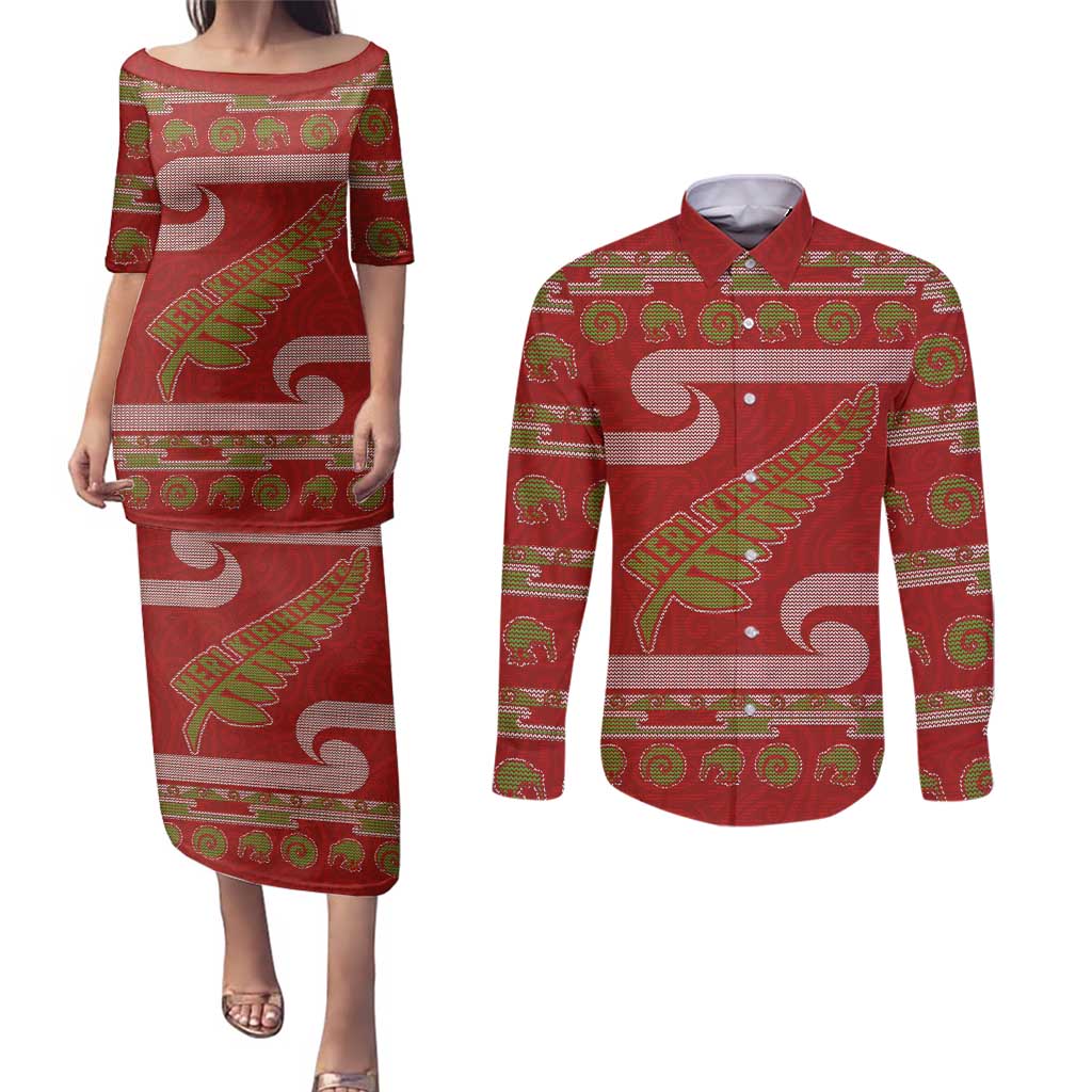 New Zealand Christmas Couples Matching Puletasi and Long Sleeve Button Shirt Meri Kirihimete Silver Fern Knit Style Green Color - Polynesian Pride