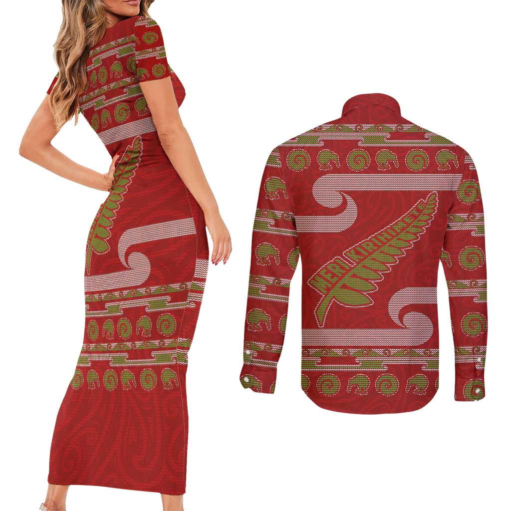 New Zealand Christmas Couples Matching Short Sleeve Bodycon Dress and Long Sleeve Button Shirt Meri Kirihimete Silver Fern Knit Style Green Color - Polynesian Pride