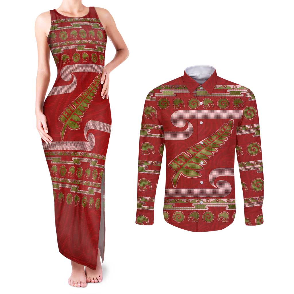 New Zealand Christmas Couples Matching Tank Maxi Dress and Long Sleeve Button Shirt Meri Kirihimete Silver Fern Knit Style Green Color - Polynesian Pride