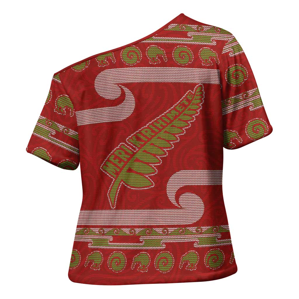 New Zealand Christmas Cross Shoulder Shirt Meri Kirihimete Silver Fern Knit Style Green Color - Polynesian Pride