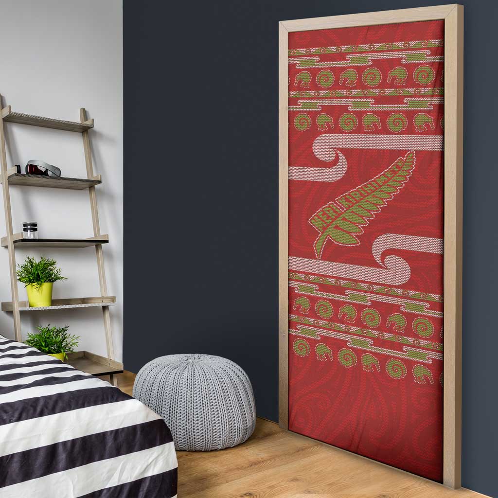 New Zealand Christmas Door Cover Meri Kirihimete Silver Fern Knit Style Green Color LT03 - Polynesian Pride