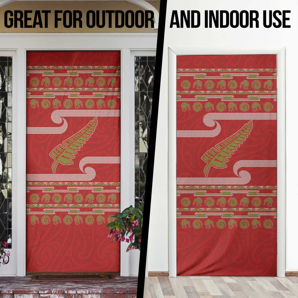 New Zealand Christmas Door Cover Meri Kirihimete Silver Fern Knit Style Green Color LT03 - Polynesian Pride