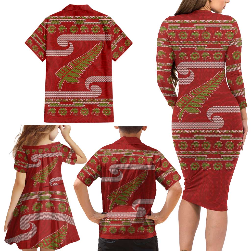 New Zealand Christmas Family Matching Long Sleeve Bodycon Dress and Hawaiian Shirt Meri Kirihimete Silver Fern Knit Style Green Color LT03 - Polynesian Pride