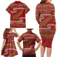 New Zealand Christmas Family Matching Long Sleeve Bodycon Dress and Hawaiian Shirt Meri Kirihimete Silver Fern Knit Style Green Color LT03 - Polynesian Pride