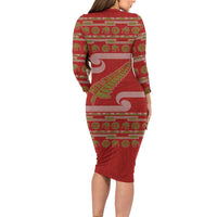 New Zealand Christmas Family Matching Long Sleeve Bodycon Dress and Hawaiian Shirt Meri Kirihimete Silver Fern Knit Style Green Color LT03 - Polynesian Pride