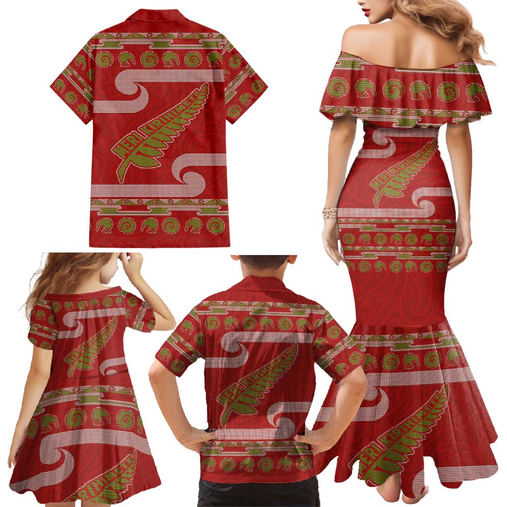 New Zealand Christmas Family Matching Mermaid Dress and Hawaiian Shirt Meri Kirihimete Silver Fern Knit Style Green Color LT03 - Polynesian Pride