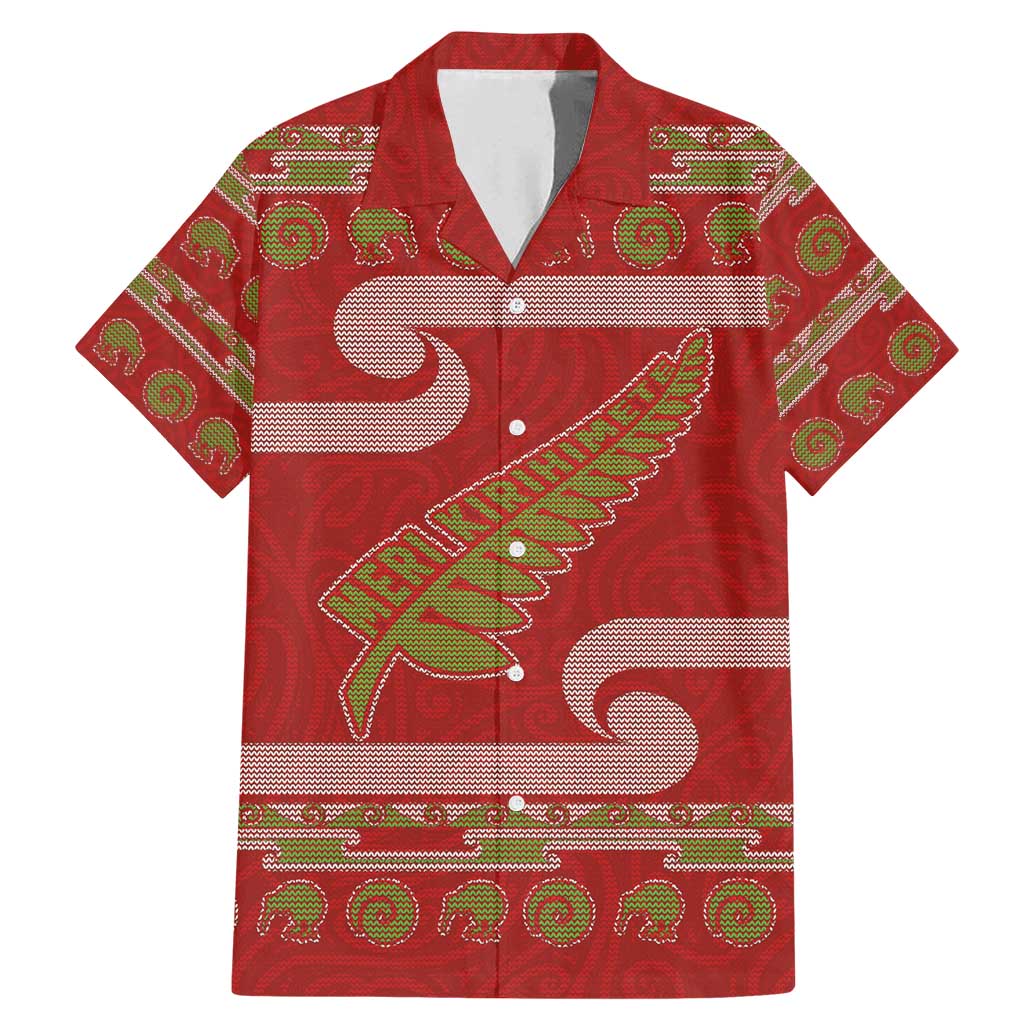 New Zealand Christmas Family Matching Mermaid Dress and Hawaiian Shirt Meri Kirihimete Silver Fern Knit Style Green Color LT03 Dad's Shirt - Short Sleeve Green - Polynesian Pride