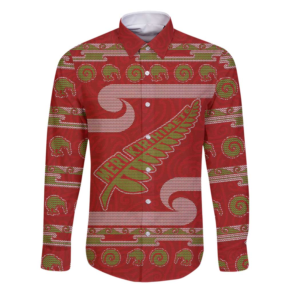 New Zealand Christmas Family Matching Off Shoulder Maxi Dress and Hawaiian Shirt Meri Kirihimete Silver Fern Knit Style Green Color LT03 Dad's Shirt - Long Sleeve Green - Polynesian Pride