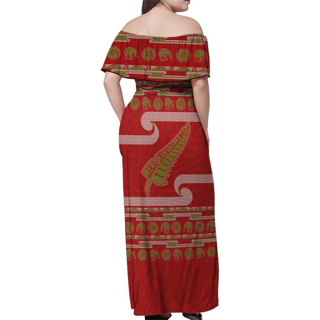 New Zealand Christmas Family Matching Off Shoulder Maxi Dress and Hawaiian Shirt Meri Kirihimete Silver Fern Knit Style Green Color LT03 - Polynesian Pride