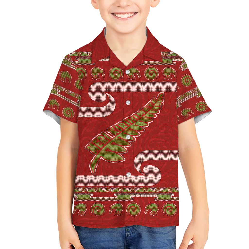 New Zealand Christmas Family Matching Off Shoulder Maxi Dress and Hawaiian Shirt Meri Kirihimete Silver Fern Knit Style Green Color LT03 Son's Shirt Green - Polynesian Pride