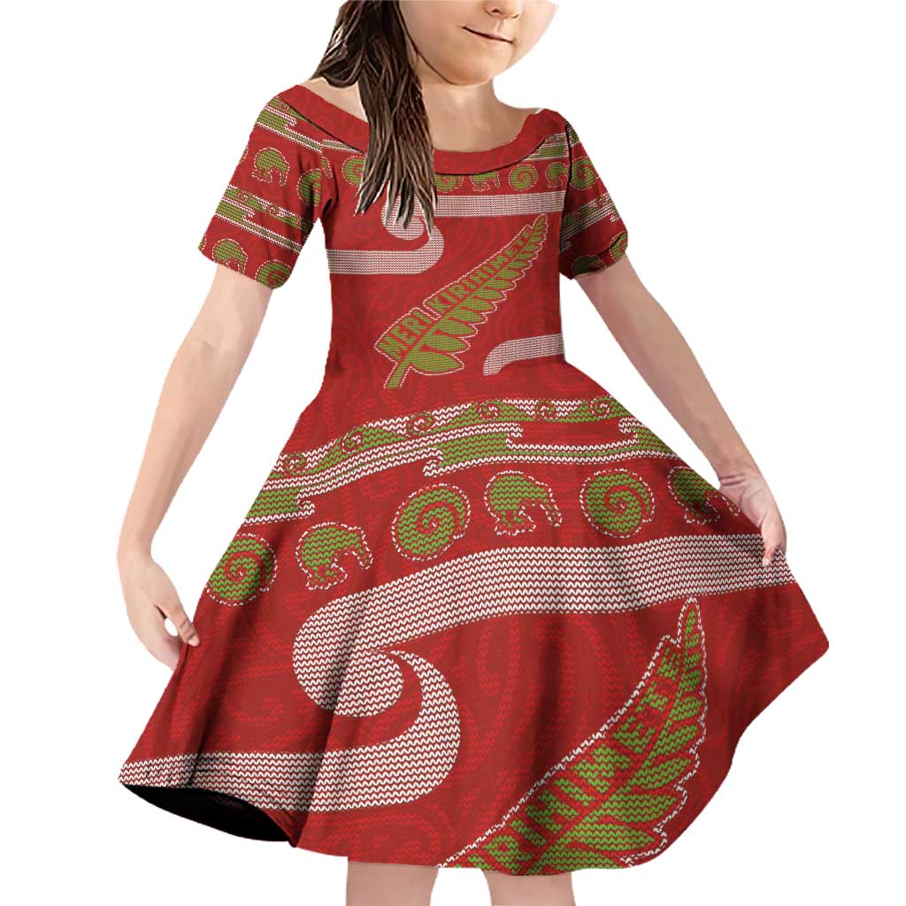 New Zealand Christmas Family Matching Off Shoulder Short Dress and Hawaiian Shirt Meri Kirihimete Silver Fern Knit Style Green Color LT03 Daughter's Dress Green - Polynesian Pride