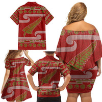 New Zealand Christmas Family Matching Off Shoulder Short Dress and Hawaiian Shirt Meri Kirihimete Silver Fern Knit Style Green Color LT03 - Polynesian Pride