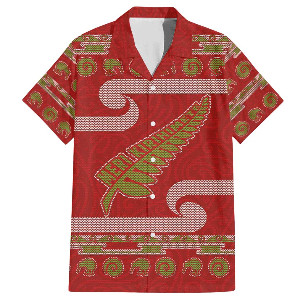 New Zealand Christmas Family Matching Off Shoulder Short Dress and Hawaiian Shirt Meri Kirihimete Silver Fern Knit Style Green Color LT03 Dad's Shirt - Short Sleeve Green - Polynesian Pride