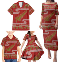 New Zealand Christmas Family Matching Puletasi and Hawaiian Shirt Meri Kirihimete Silver Fern Knit Style Green Color - Polynesian Pride