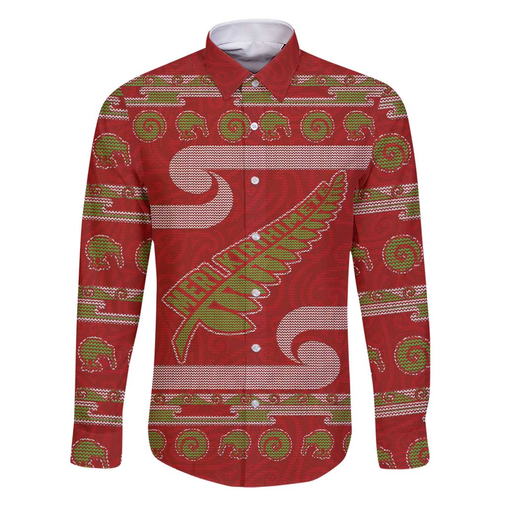 New Zealand Christmas Family Matching Short Sleeve Bodycon Dress and Hawaiian Shirt Meri Kirihimete Silver Fern Knit Style Green Color LT03 Dad's Shirt - Long Sleeve Green - Polynesian Pride