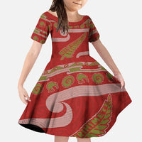 New Zealand Christmas Family Matching Summer Maxi Dress and Hawaiian Shirt Meri Kirihimete Silver Fern Knit Style Green Color LT03 Daughter's Dress Green - Polynesian Pride