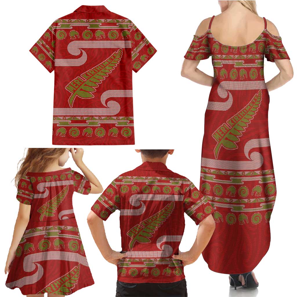 New Zealand Christmas Family Matching Summer Maxi Dress and Hawaiian Shirt Meri Kirihimete Silver Fern Knit Style Green Color LT03 - Polynesian Pride