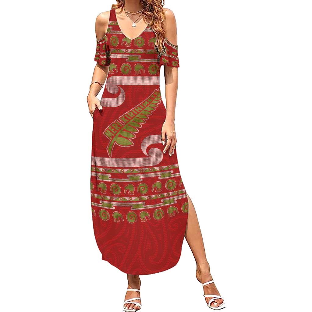 New Zealand Christmas Family Matching Summer Maxi Dress and Hawaiian Shirt Meri Kirihimete Silver Fern Knit Style Green Color LT03 Mom's Dress Green - Polynesian Pride