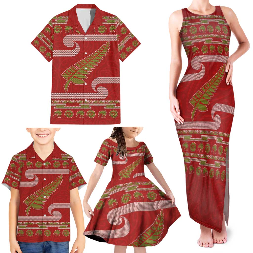 New Zealand Christmas Family Matching Tank Maxi Dress and Hawaiian Shirt Meri Kirihimete Silver Fern Knit Style Green Color LT03 - Polynesian Pride
