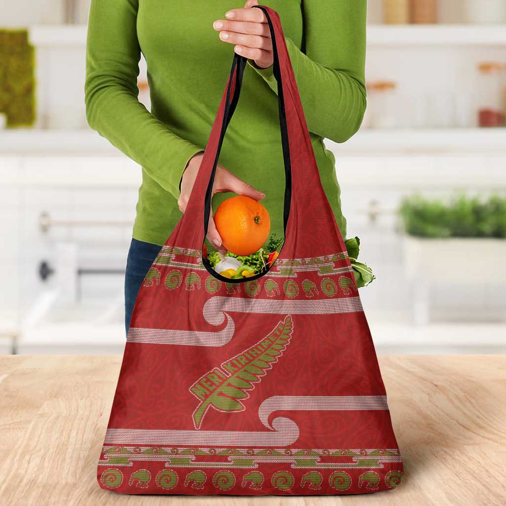 New Zealand Christmas Grocery Bag Meri Kirihimete Silver Fern Knit Style Green Color LT03 - Polynesian Pride