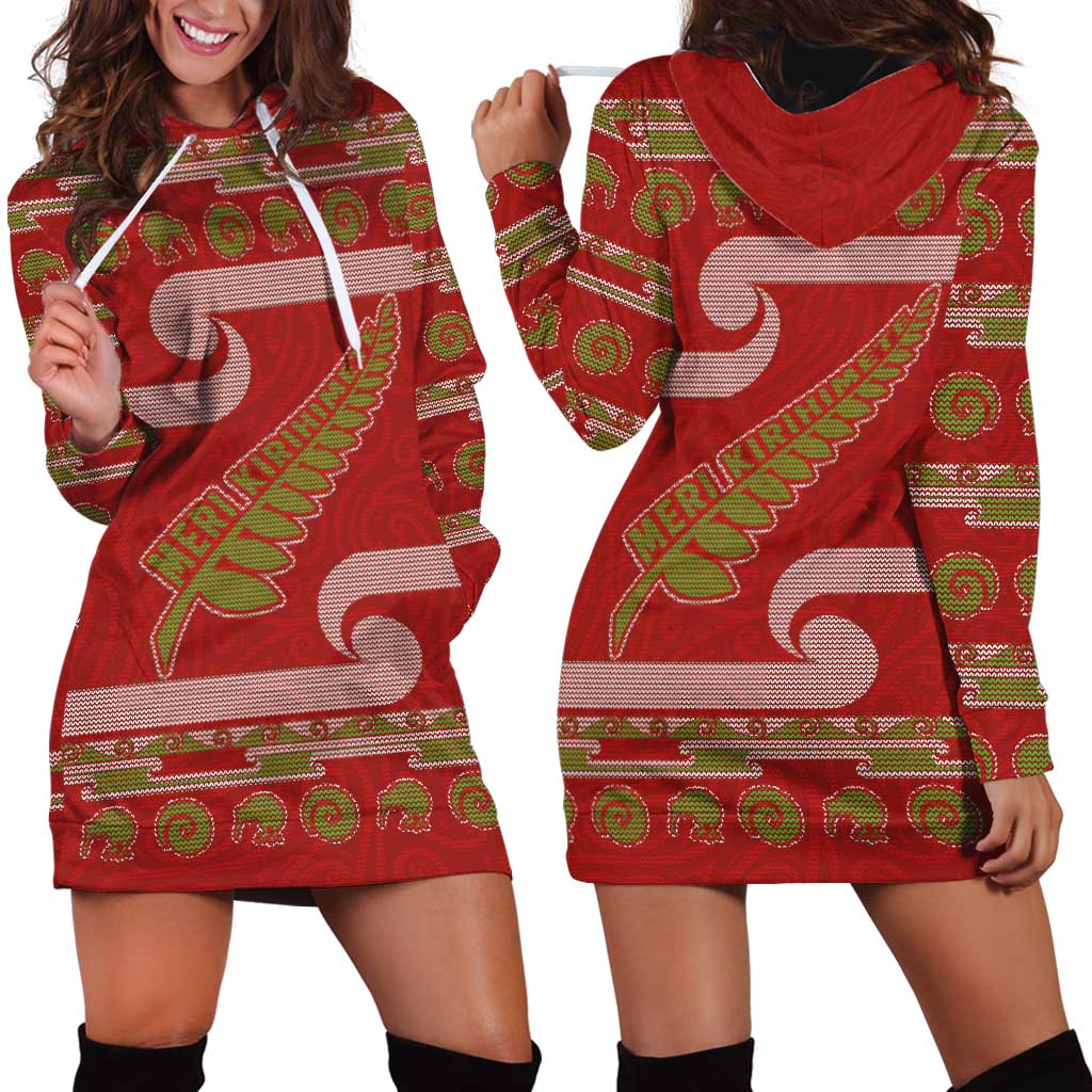 New Zealand Christmas Hoodie Dress Meri Kirihimete Silver Fern Knit Style Green Color LT03 - Polynesian Pride