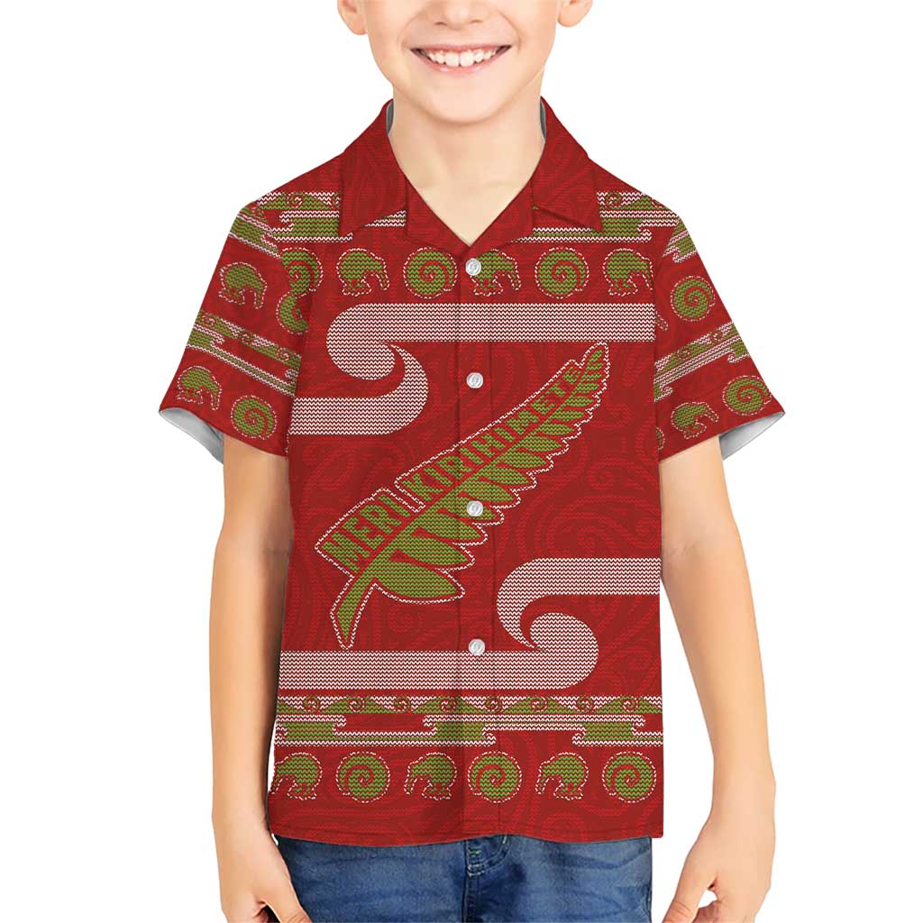 New Zealand Christmas Kid Hawaiian Shirt Meri Kirihimete Silver Fern Knit Style Green Color - Polynesian Pride