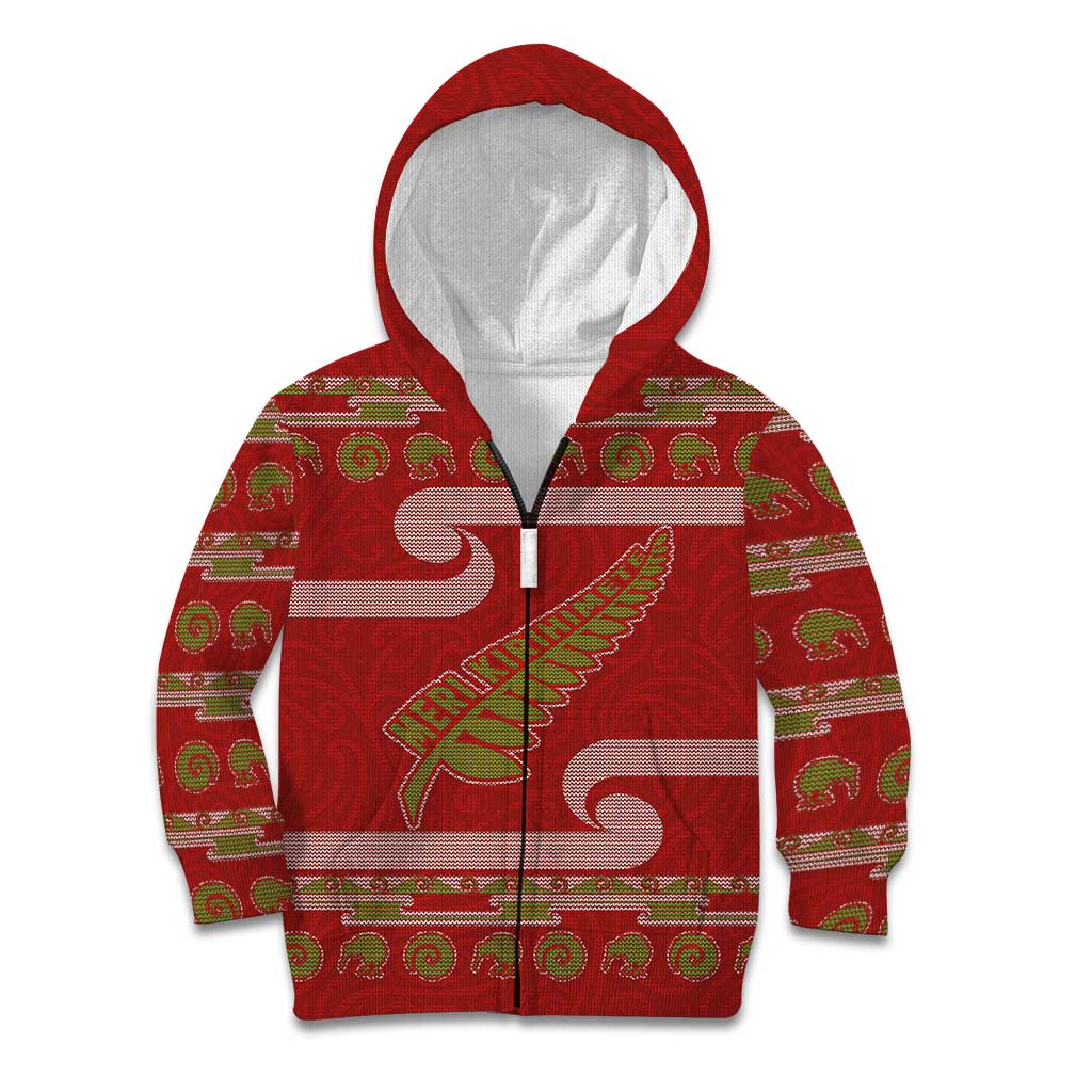 New Zealand Christmas Kid Hoodie Meri Kirihimete Silver Fern Knit Style Green Color LT03 Zip Hoodie Green - Polynesian Pride